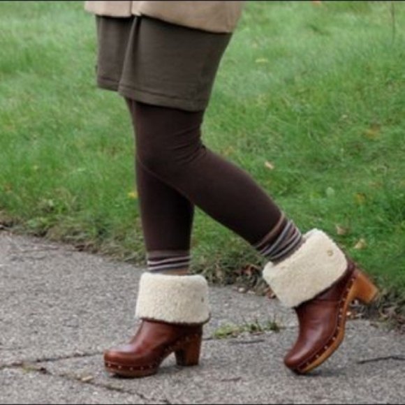 ugg | lynnea shearling cuff suede wooden heel platform boot cognac brown 8 - Picture 8 of 8